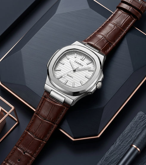 CASIRUI Executive Silver Edition – Luxury Weighted Quartz Watch with Brown Leather Strap