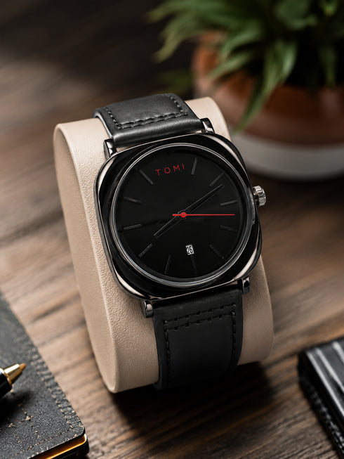 TOMI T-084 Men's Analog Watch | Black Dial & Brown Leather Strap