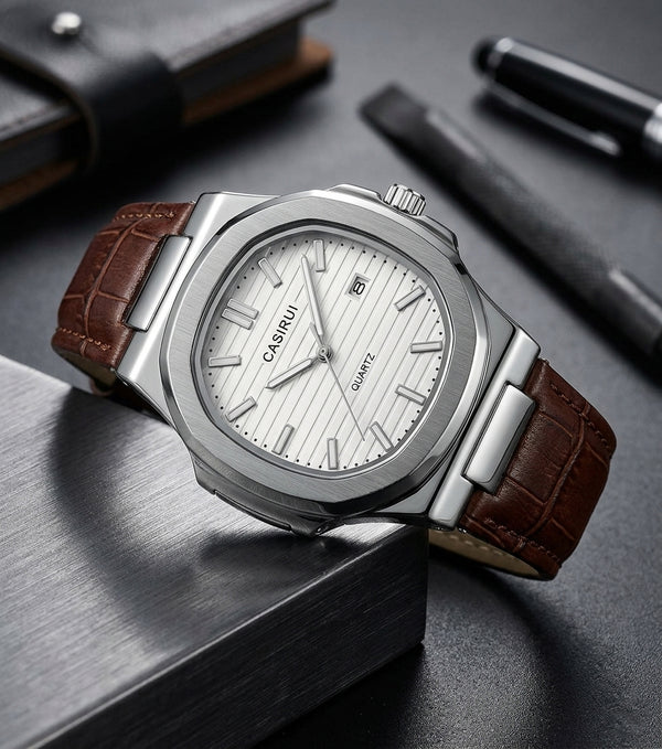CASIRUI Executive Silver Edition – Luxury Weighted Quartz Watch with Brown Leather Strap