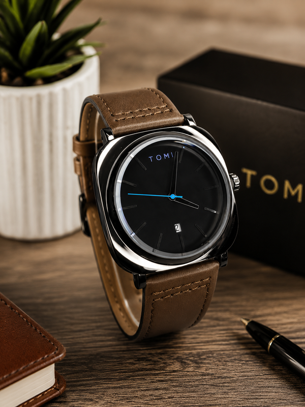 TOMI T-084 Men's Analog Watch | Black Dial & Brown Leather Strap