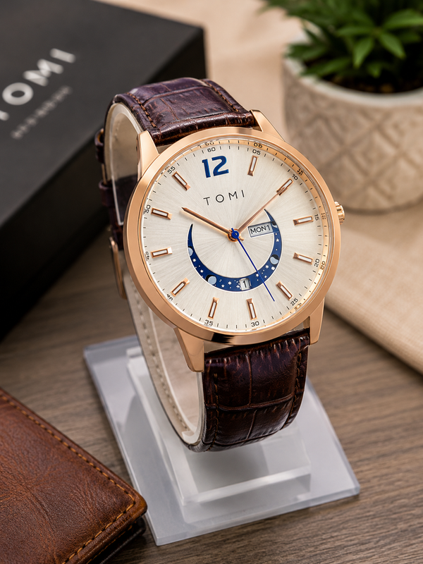 TOMI Moonphase Men's Analog Watch | Rose Gold Case & Brown Leather Strap